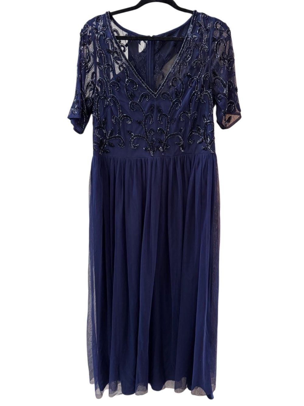 Papell Studio Navy Blue Beaded Mesh Formal Gown Dress Plus Size 16 - Picture 2 of 16